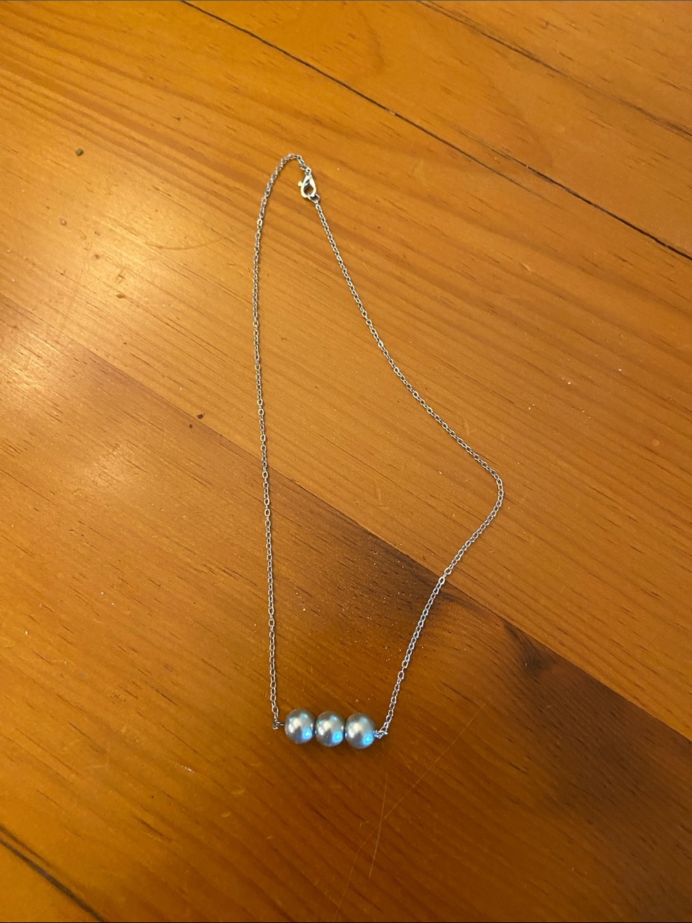 Silver Necklace with Three Light Grey Pearlescent Beads